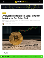 Analyst Predicts Bitcoin Surge to $200K by Q4 Amid Fed Policy Shift - CoinCentral