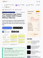 Thai Investors Sue Tether Over $42M USDT Freeze Without Warrant