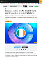 Coinbase Exchange Settles With Ireland Over Transaction Monitoring Errors