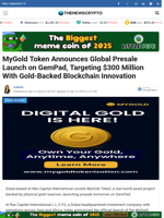 MyGold Token Announces Global Presale Launch on GemPad, Targeting $300 Million With Gold-Backed Blockchain Innovation