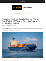 Trump Confirms Trade War as China Tariffs Hit 100% and Bitcoin Crashes $18,000 in Hours