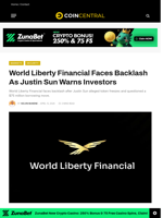 World Liberty Financial Faces Backlash As Justin Sun Warns Investors