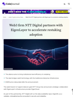 Web3 firm NTT Digital partners with EigenLayer to accelerate restaking adoption - CoinJournal