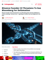 Binance Founder CZ Threatens To Sue Bloomberg For Defamation - Coinspeaker