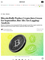 Bitcoin Rally Pushes Crypto Into Green for September, But Alts Are Lagging: Analysis - Decrypt