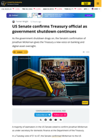 US Senate Confirms Treasury Official as Government Shutdown Continues