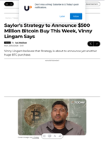 Saylor's Strategy to Announce $500 Million Bitcoin Buy This Week, Vinny Lingam Says - U.Today