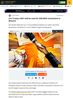 Eric Trump: USD1 will be used for $2B MGX investment in Binance