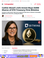 Ark Invest Adds $20M Bitmine Stake in Ethereum Treasury Bet