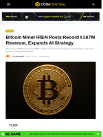 Bitcoin Miner IREN Posts Record $187M Revenue, Expands AI Strategy