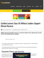Cynthia Lummis Says US Military Leaders Support Bitcoin Reserve