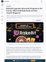 Rakebit Upgrades Rewards Program to 50 Levels, Offers Full Rakeback on First $1,000 Wagered