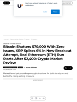 Bitcoin Shatters $70,000 With Zero Issues, XRP Spikes 6% in New Breakout Attempt, Real Ethereum (ETH) Run Starts After $2,400: Crypto Market Review - U.Today