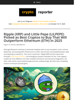 Ripple (XRP) and Little Pepe (LILPEPE) Picked as Best Cryptos to Buy That Will Outperform Ethereum (ETH) in 2025