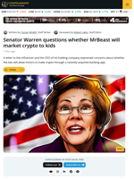 Senator Warren Questions whether MrBeast will Market Crypto to Kids