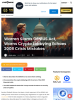 Warren Slams GENIUS Act, Warns Crypto Lobbying Echoes 2008 Crisis Mistakes | Live Bitcoin News