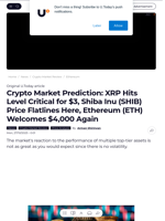 Crypto Market Prediction: XRP Hits Level Critical for $3, Shiba Inu (SHIB) Price Flatlines Here, Ethereum (ETH) Welcomes $4,000 Again - U.Today
