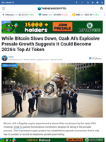 While Bitcoin Slows Down, Ozak AI’s Explosive Presale Growth Suggests It Could Become 2026’s Top AI Token