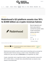 Robinhood's Q3 platform assets rise 19% to $396 billion as crypto revenue halves