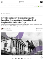 Crypto Industry Unimpressed by Possible Exemptions from Bank of England Stablecoin Cap - Decrypt