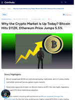 Why the Crypto Market Is Up Today? Bitcoin Hits $112K, Ethereum Price Jumps 5.5%