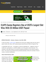 CLAPS Casino Registers One of 2025’s Largest Slot Wins With $5 Million USDT Payout