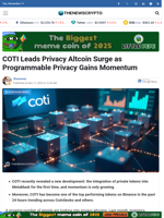 COTI Leads Privacy Altcoin Surge as Programmable Privacy Gains Momentum - TheNewsCrypto
