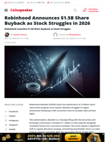 Robinhood Announces $1.5B Share Buyback as Stock Struggles in 2026 - Coinspeaker