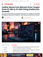 Cathie Wood Cuts Bitcoin Price Target from $1.5M to $1.2M Citing Stablecoin Growth - Coinspeaker