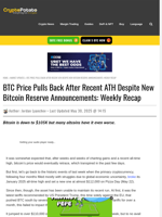 BTC Price Pulls Back After Recent ATH Despite New Bitcoin Reserve Announcements: Weekly Recap