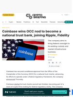 Coinbase wins OCC nod to become a national trust bank, joining Ripple, Fidelity