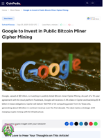Google to Invest in Public Bitcoin Miner Cipher Mining