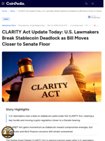 CLARITY Act Update Today: U.S. Lawmakers Break Stablecoin Deadlock as Bill Moves Closer to Senate Floor