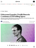 Ethereum Founder Vitalik Buterin Continues ETH Selling Spree - Decrypt