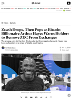 Zcash Drops, Then Pops as Bitcoin Billionaire Arthur Hayes Warns Holders to Remove ZEC From Exchanges - Decrypt