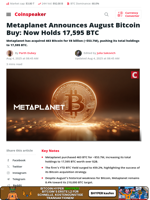 Metaplanet Announces August Bitcoin Buy: Now Holds 17,595 BTC - Coinspeaker