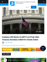 Coinbase CEO Backs CLARITY Act Push After Treasury Secretary Called For Senate Action