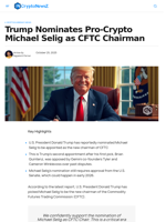 Trump Nominates Pro-Crypto Michael Selig as CFTC Chairman