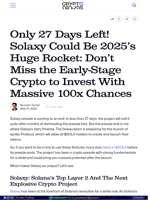 Only 27 Days Left! Solaxy Could Be 2025's Huge Rocket: Don't Miss the Early-Stage Crypto to Invest With Massive 100x Chances