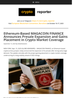 Ethereum-Based MAGACOIN FINANCE Announces Presale Expansion and Gains Placement in Crypto Market Coverage