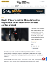Kevin O'Leary claims China is fueling opposition to his massive Utah data center project