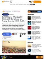 Schiff Warns 'Affordability Crisis Will Get Worse' as Trump Eyes Iran 25% Tariffs – Economics Bitcoin News