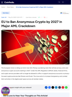  EU's ban on anonymous crypto by 2027 will impact AML efforts and may influence cryptocurrency prices.