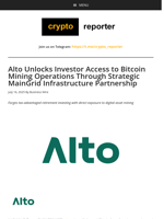 Alto Unlocks Investor Access to Bitcoin Mining Operations Through Strategic MainGrid Infrastructure Partnership
