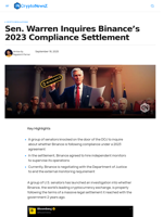Sen. Warren Inquires Binance's 2023 Compliance Settlement