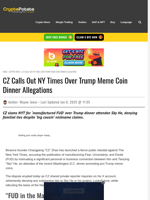 CZ Calls Out NY Times Over Trump Meme Coin Dinner Allegations