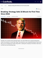 Breaking: Strategy Sells 32 Bitcoin for First Time Since 2022