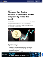 Ethereum flips Costco, Johnson & Johnson as market cap grows by $150B this month
