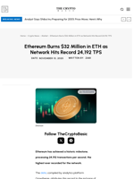 Ethereum Burns $32 Million in ETH as Network Hits Record 24,192 TPS