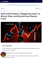 Peter Schiff Predicts “Staggering Losses” as Bitcoin, Ether, and Altcoins Face Massive Crash